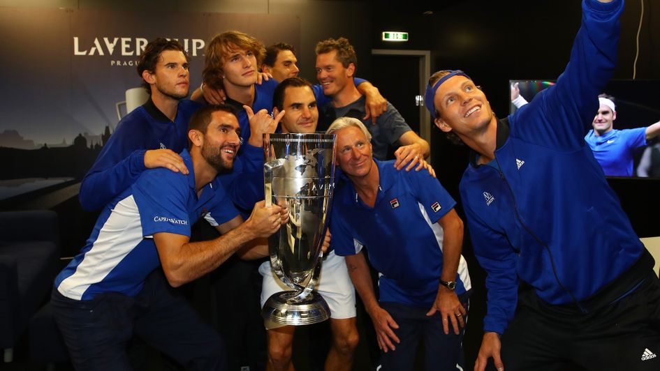 Marin Cilic, Dominic Thiem, Alexander Zverev, Rafael Nadal, Roger Federer, Bjorn Borg, Thomas Enqvist and Tomas Berdych of Team Europe lift the Laver Cup