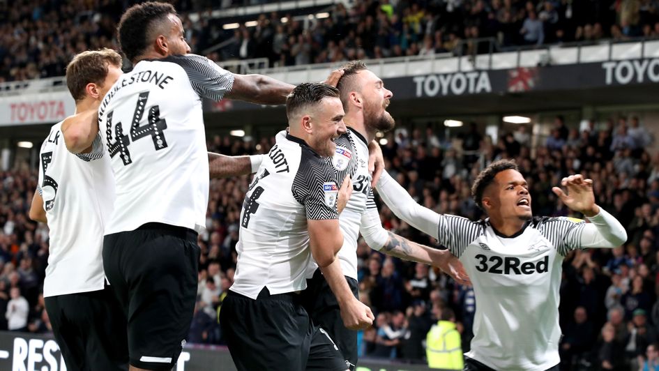 Celebrations for Derby after Scott Malone's strike against Cardiff in the Sky Bet Championship