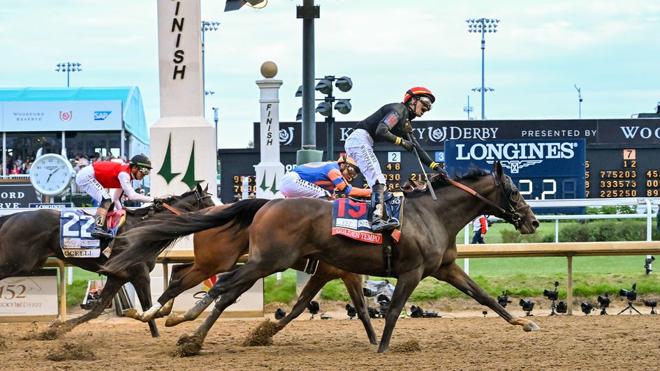 Golden Tempo, ridden by jockey Jose L. Ortiz, wins the 152nd Kentucky Derby