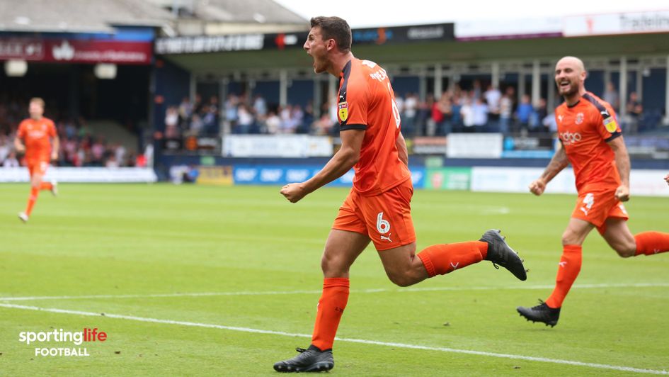 Luton's Matty Pearson celebrates scoring his side's first goal against Sunderland