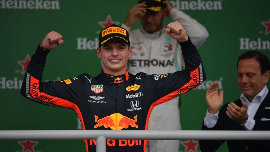 Max Verstappen on the podium in Brazil