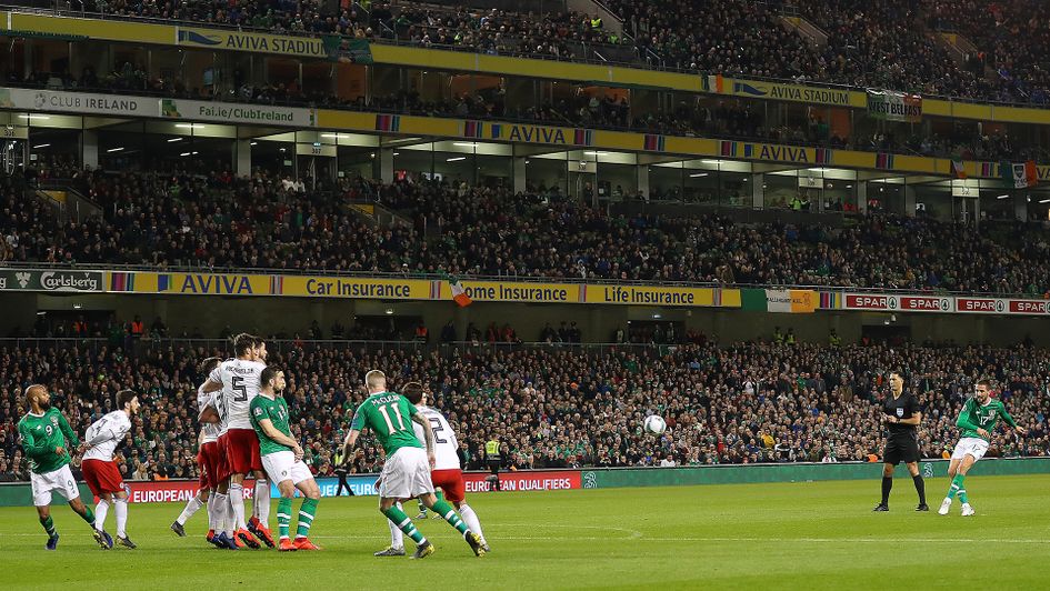 Conor Hourihane scores his free-kick against Georgia