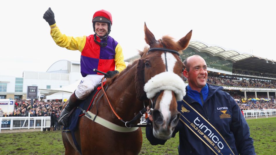 Richard Johnson celebrates on Native River after winning the Gold Cup