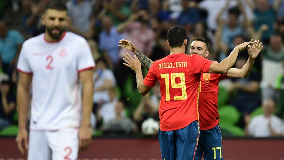 Iago Aspas celebrates with Diego Costa after scoring for Spain v Tunisia