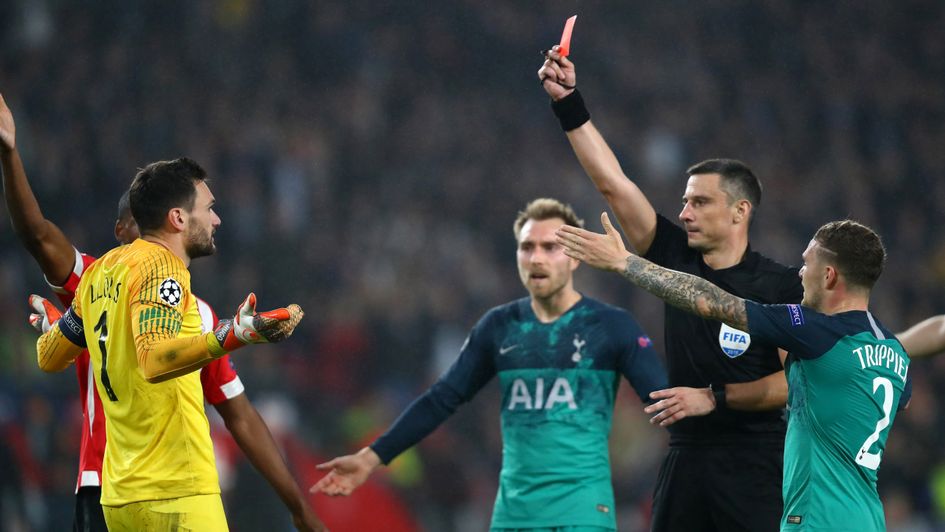 Spurs' Hugo Lloris sees red against PSV in the Champions League