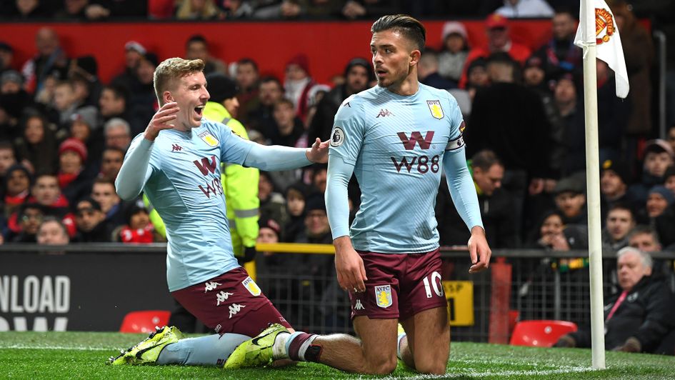 Jack Grealish celebrates after giving Aston Villa the lead at Old Trafford