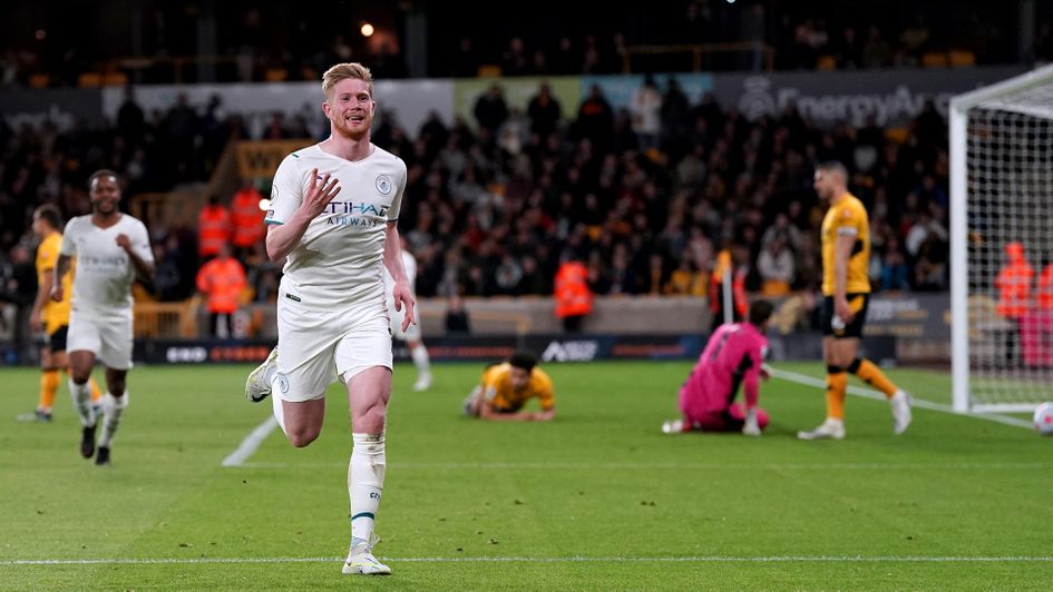 Kevin De Bruyne celebrates his fourth goal against Wolves