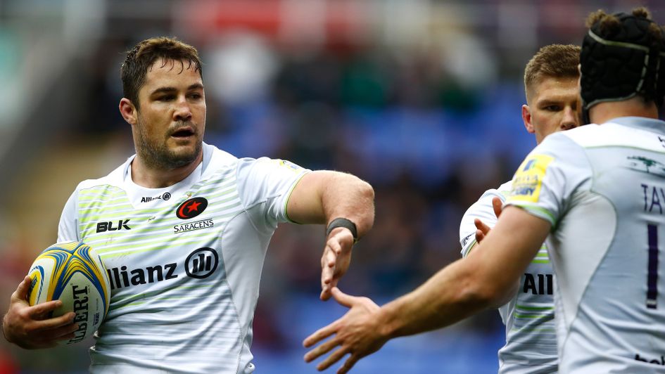 Brad Barritt is congratulated after scoring a try for Saracens
