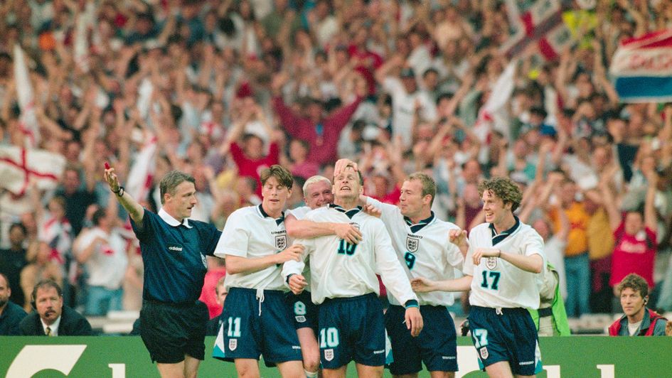 England celebrate during victory over the Netherlands at Euro 96