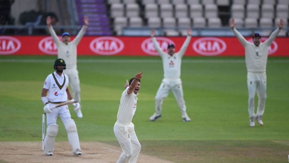 James Anderson appeals after trapping Shan Masood lbw