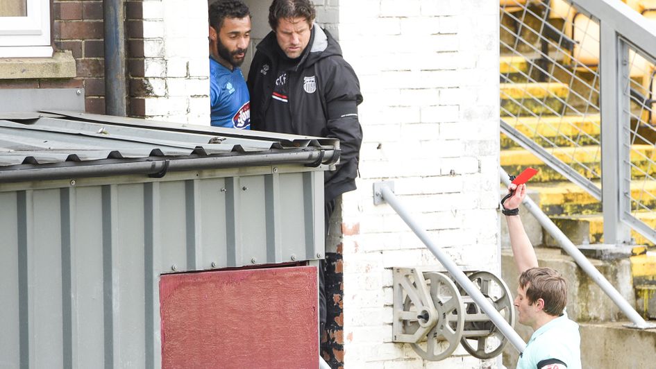 Referee James Bell sends off Grimsby's Stefan Payne