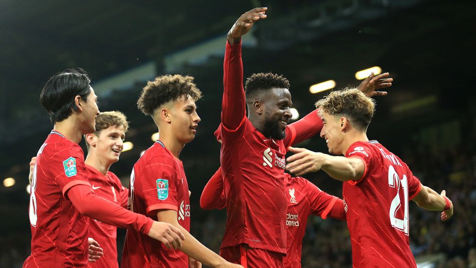 Divock Origi celebrates Konstantinos Tsimikas