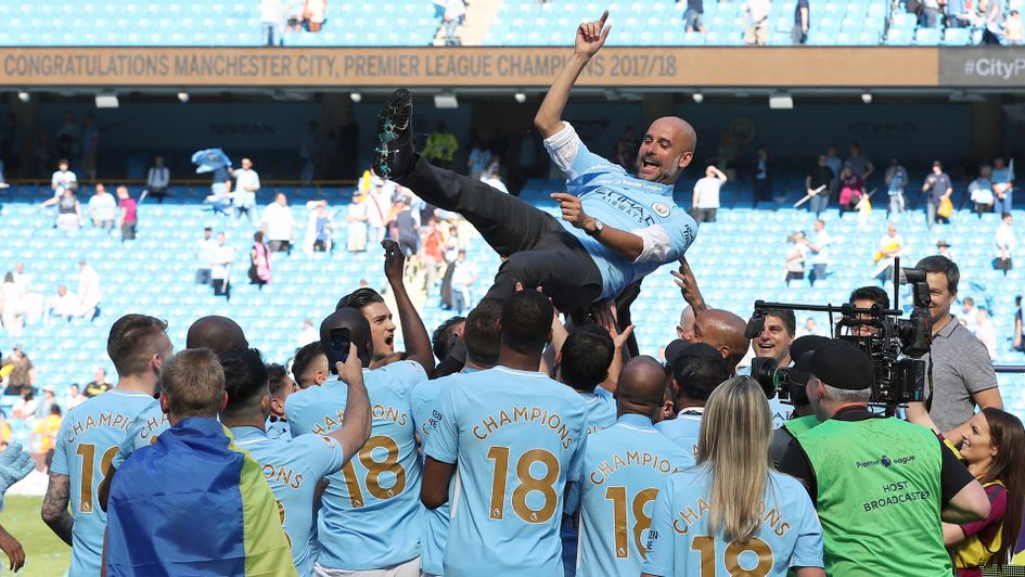 Pep Guardiola during the title party after their final home game