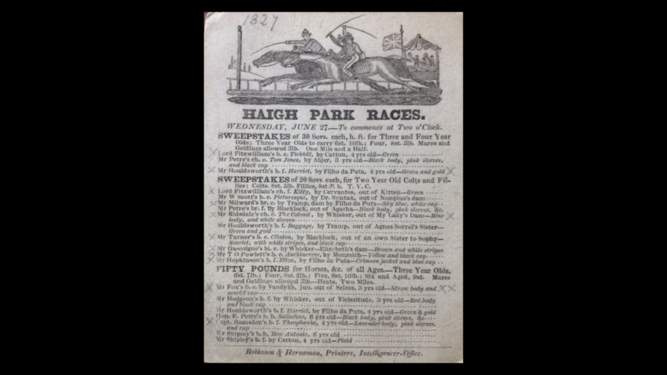 Haigh Park racecard from 1827 (reproduced with permission of Local and Family History department of Leeds Central Library)