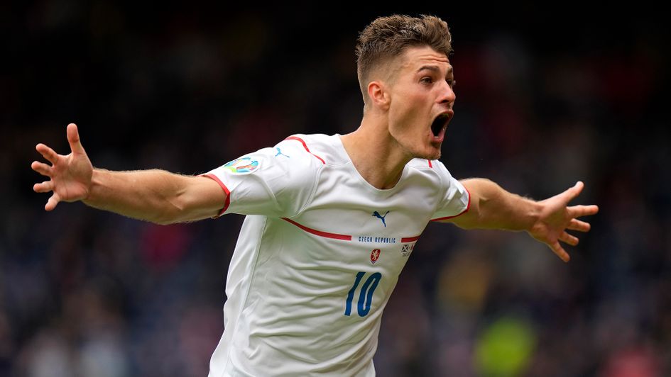 Patrik Schick celebrates his second goal against Scotland