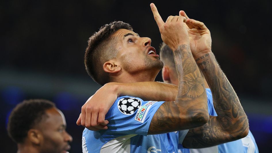 Joao Cancelo celebrates his goal against RB Leipzig
