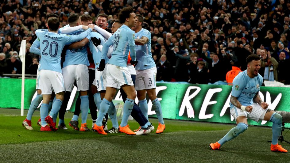 Manchester City players celebrate at Wembley