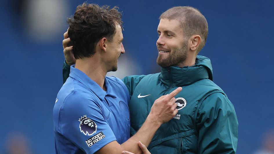 Olivier Boscagli celebrate Brighton's victory over Arsenal with Fabian Hurzeler