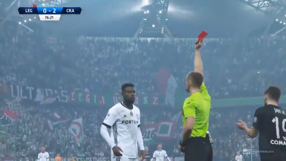 William Remy is sent off by the referee in bizarre circumstances (photo credit: Ekstraklasa)