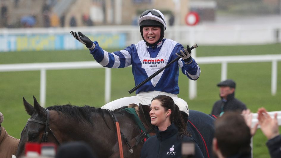 Bryony Frost celebrates her win on Frodon