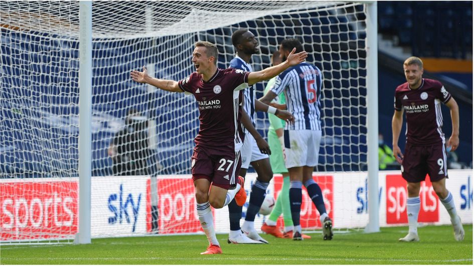 Timothy Castagne celebrates scoring for Leciester against West Brom