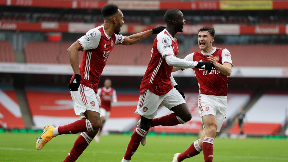 Arsenal's Nicolas Pepe (centre) celebrates scoring against Sheffield United