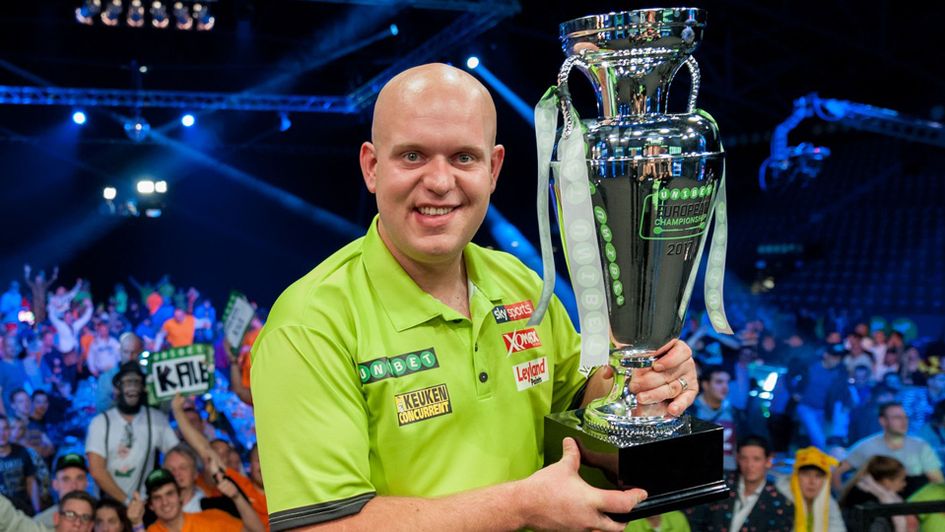 Michael van Gerwen with the European Championship trophy (Picture: Kelly Deckers)