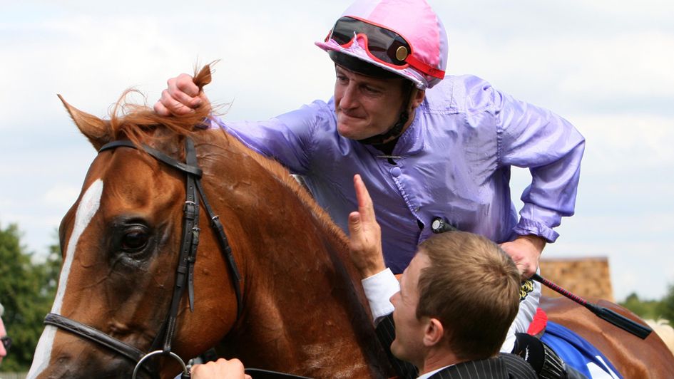 Steve Drowne celebrates on Sakhee's Secret after winning the Darley July Cup in 2007