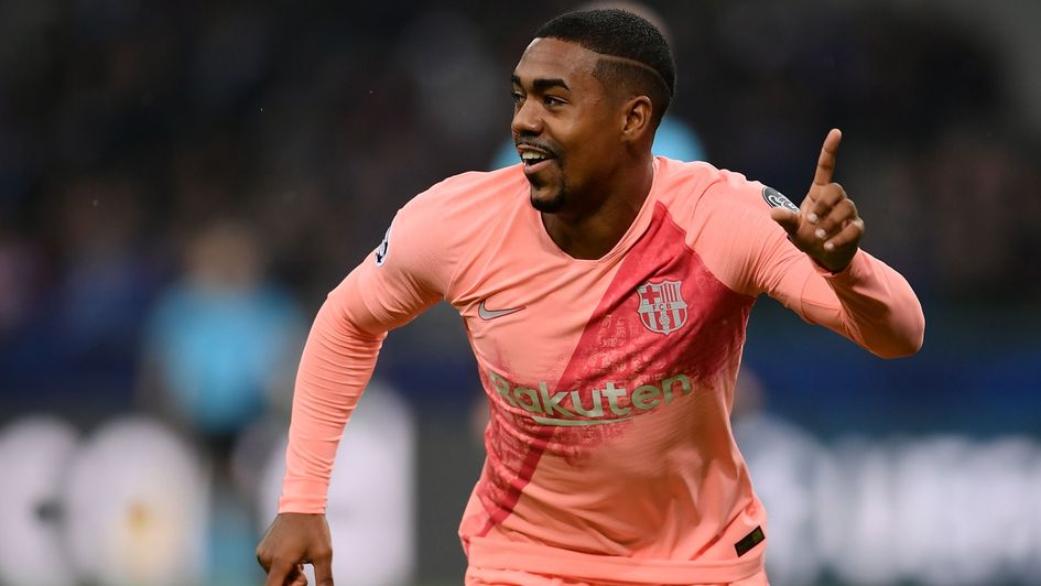 Malcom celebrates his goal for Barcelona at Inter in the Champions League