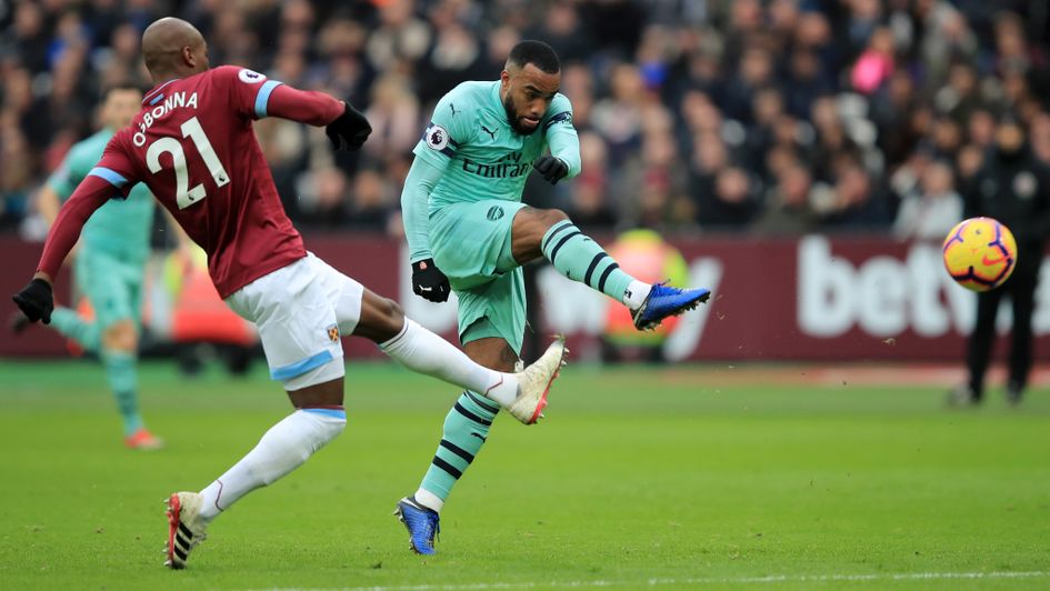 Alexandre Lacazette tries his luck in Arsenal's away clash at West Ham in the Premier League