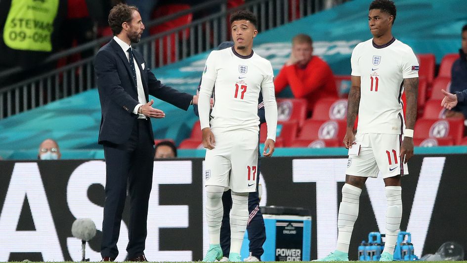 Gareth Southgate with England and Manchester United stars Jadon Sancho and Marcus Rashford.