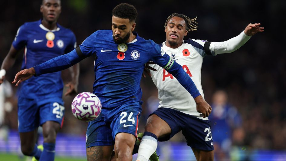 Reece James of Chelsea (l) & Wilson Odobert of Tottenham Hotspur in action