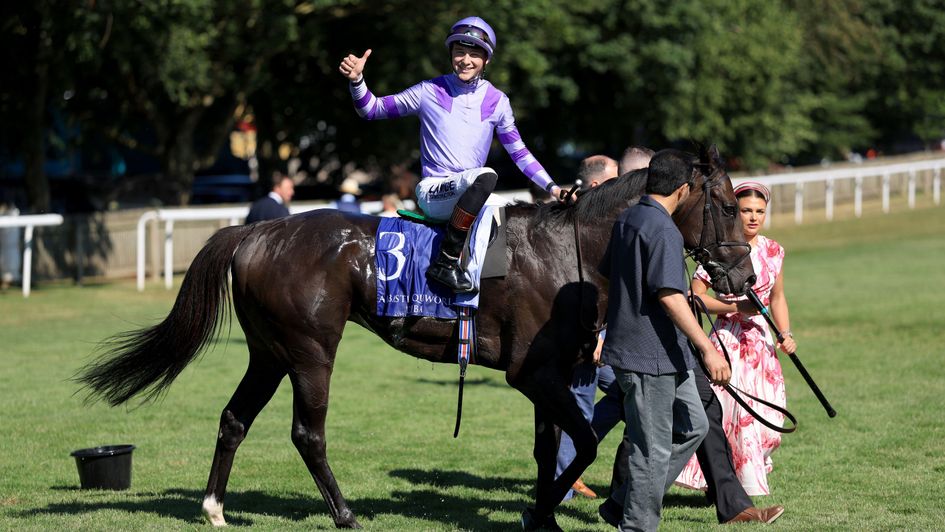 Thumbs up from Billy Loughnane as Comanche Brave wins the July Cup