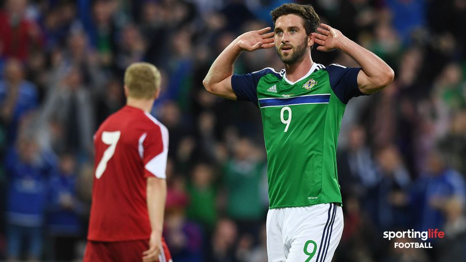 Will Grigg scores for Northern Ireland against Belarus in 2016