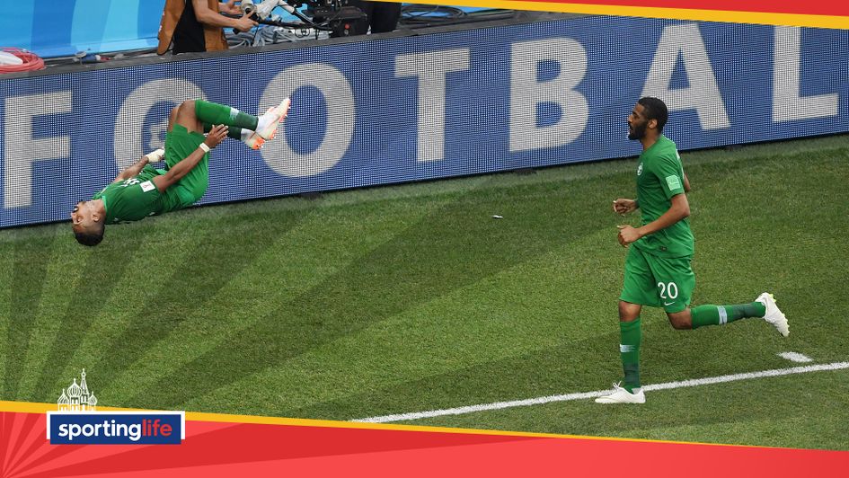 Salem Aldawsari celebrates his goal against Egypt