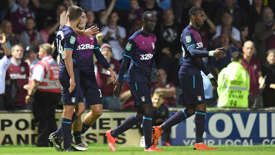 Conor Hourihane celebrates with his Aston Villa team-mates after scoring in the Carabao Cup