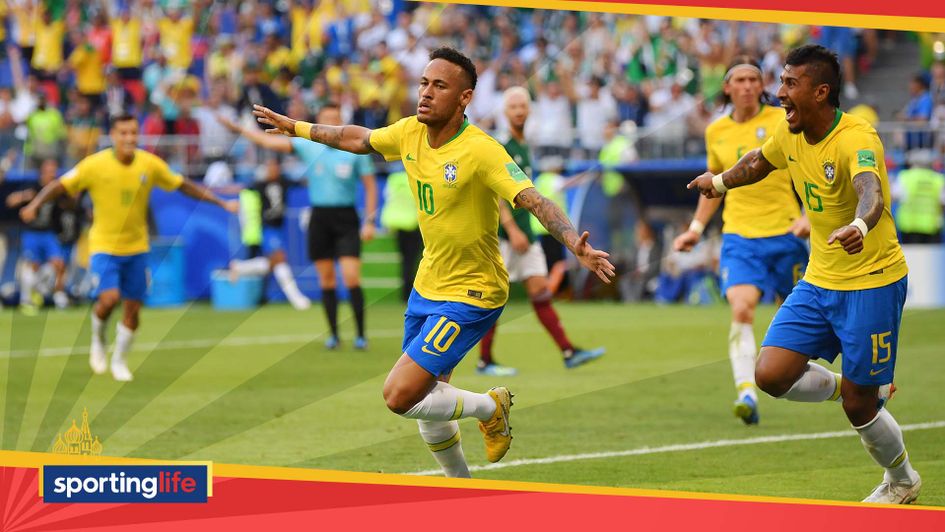 Neymar celebrates scoring for Brazil at the World Cup