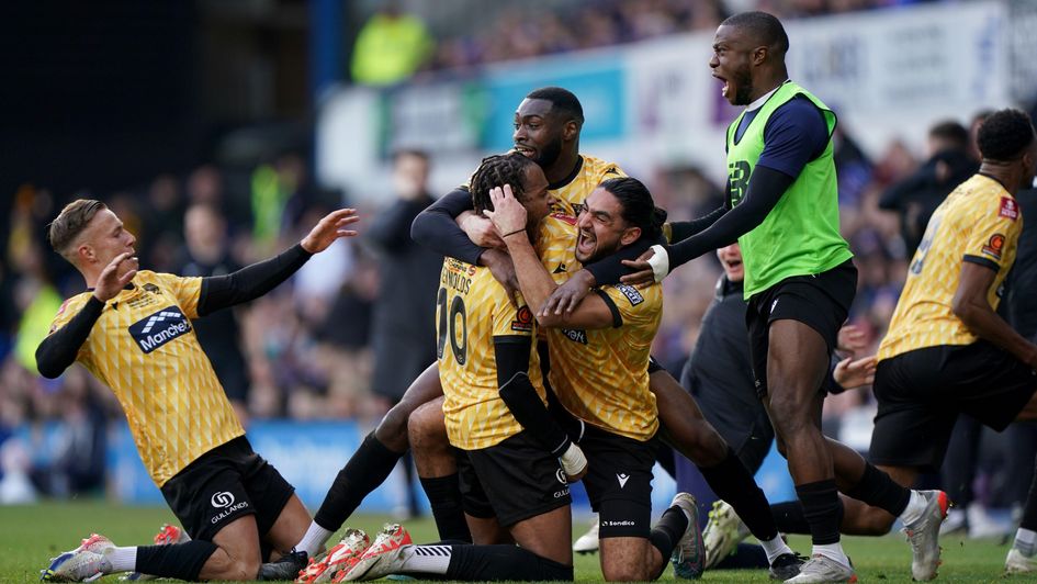 Maidstone's Lamar Reynolds celebrates his goal against Ipswich