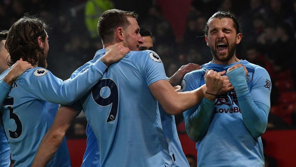 Jay Rodriguez celebrates scoring for Burnley at Manchester United