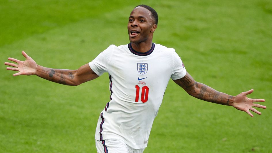 Raheem Sterling celebrates his goal against Germany