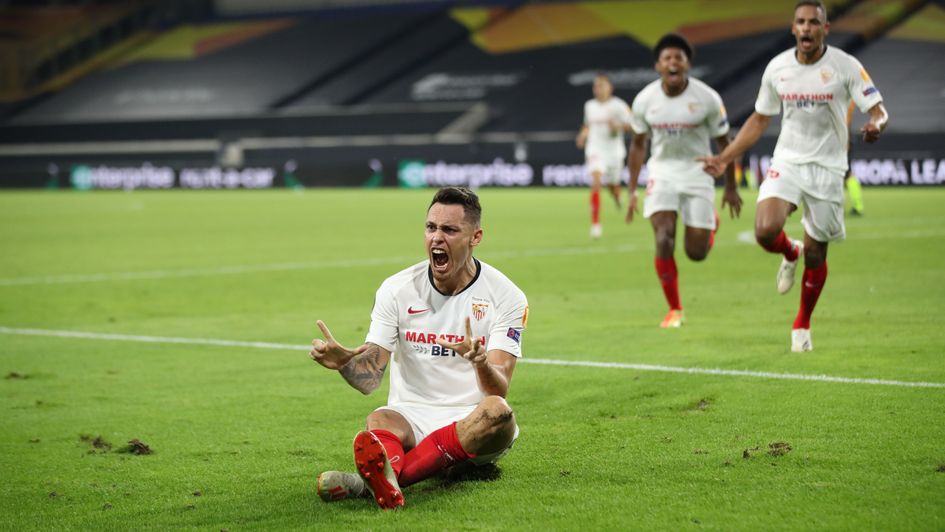 Lucas Ocampos: Sevilla winger celebrates his late winner against Wolves in the Europa League quarter-final
