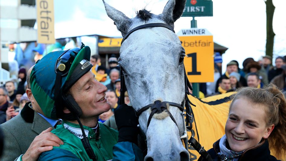 Daryl Jacob with his beloved Bristol De Mai after winning the Betfair Chase once more