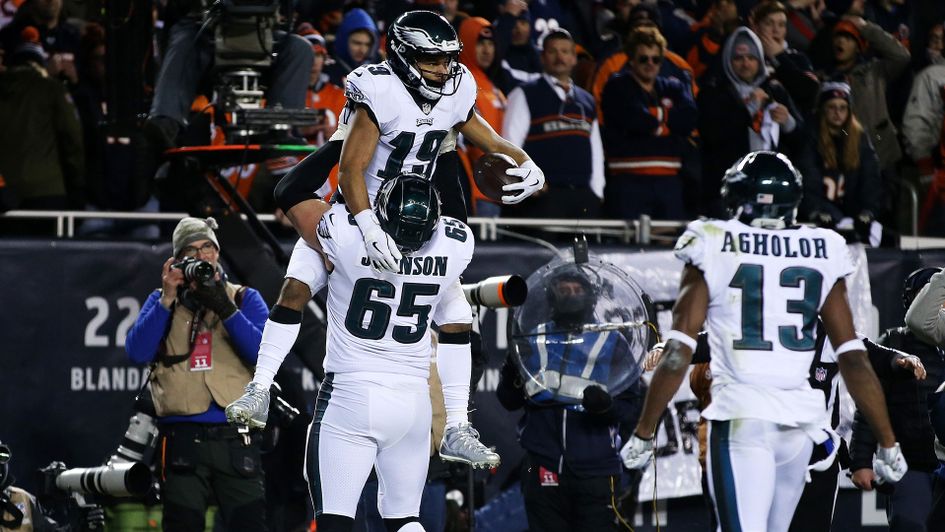 Philadelphia Eagles' Golden Tate celebrates with Lane Johnson after scoring a touchdown against the Chicago Bears