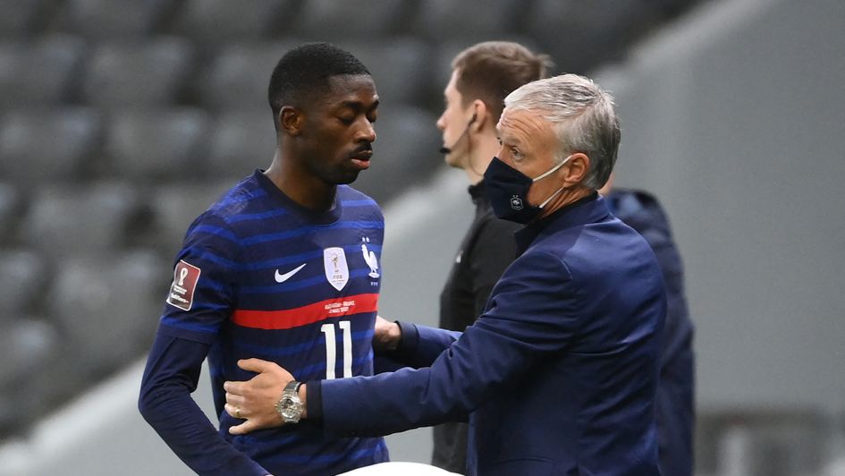 France manager Didier Deschamps congratulates Ousmane Dembele