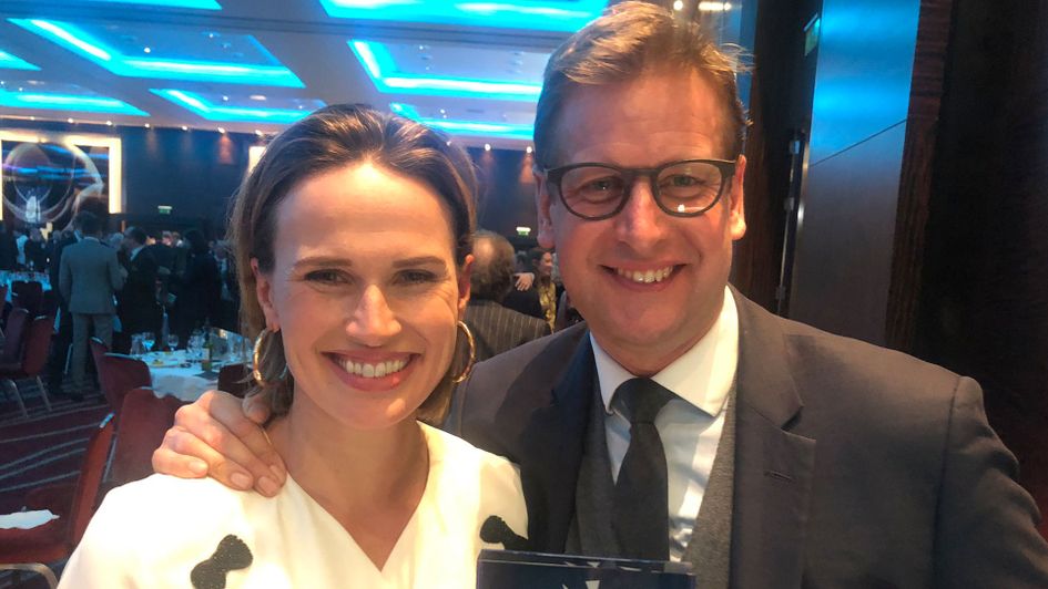 Ed Chamberlin and Francesca Cumani celebrate their award in London