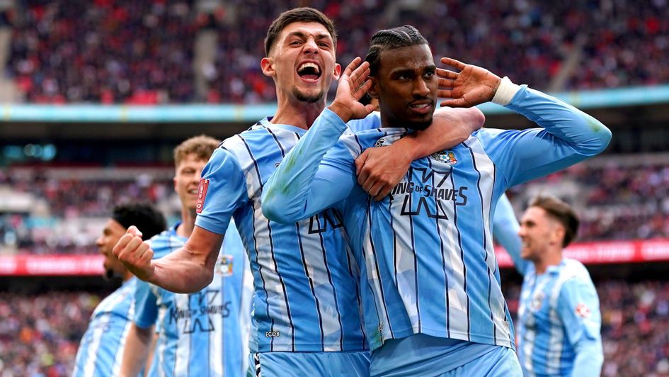 Coventry's Haji Wright (right) celebrates with team-mate Bobby Thomas