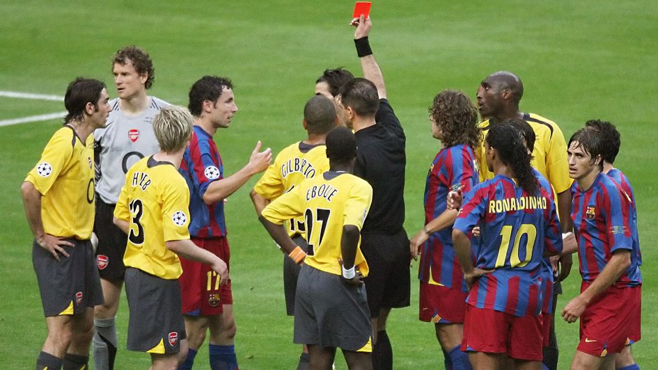 Jens Lehmann is shown a red card in the 2006 Champions League final