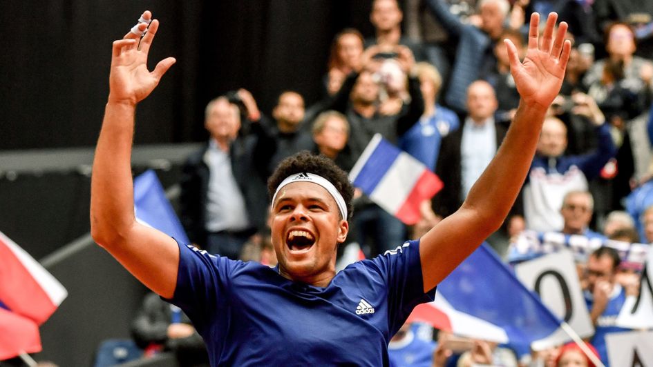 Jo-Wilfried Tsonga celebrates taking France into the Davis Cup final