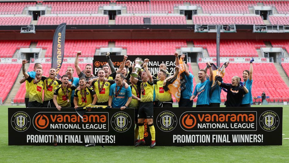 Harrogate Town celebrate winning the 2019/20 Vanarama National League play-off final