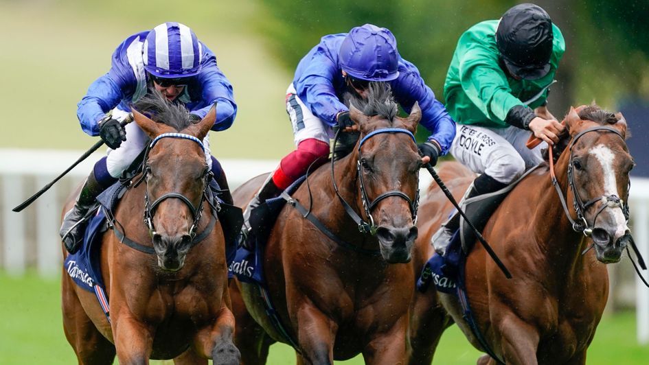 Nazeef (left) comes out on top in a three-way war for the Falmouth Stakes